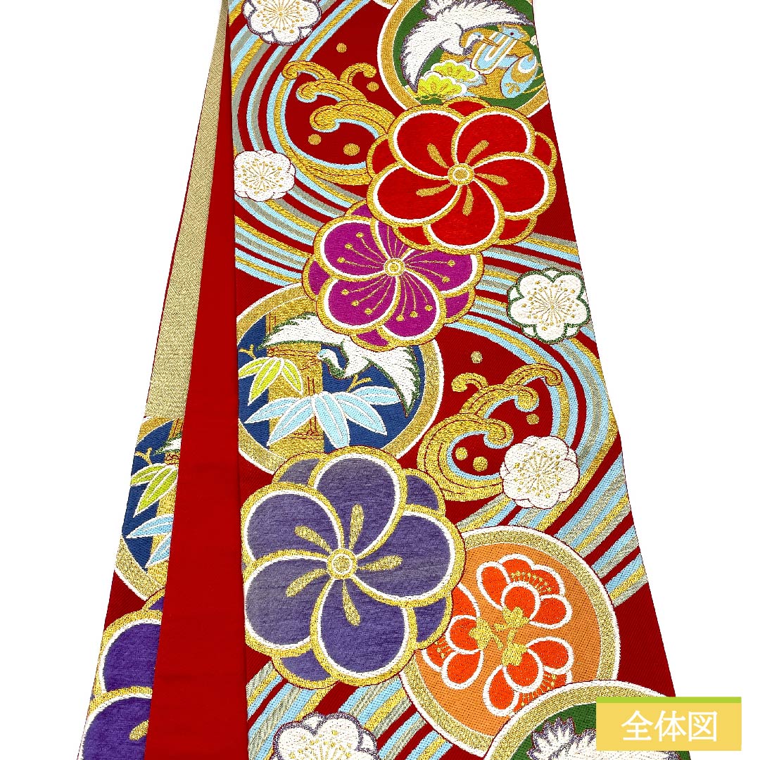 Fukuro Obi, pure silk, Torukoakairo (red), flowing water, twisted plum, pine, bamboo and plum, circle with crane, obi length 444cm, A rank, six-pass, formal, red, 1123011573312