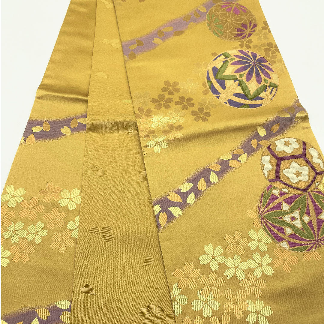 袋帯 桑染色(くわぞめいろ) 振袖用 桜 毬 帯丈444cm 正絹 Aランク 六通 フォーマル 金系 1123005183321