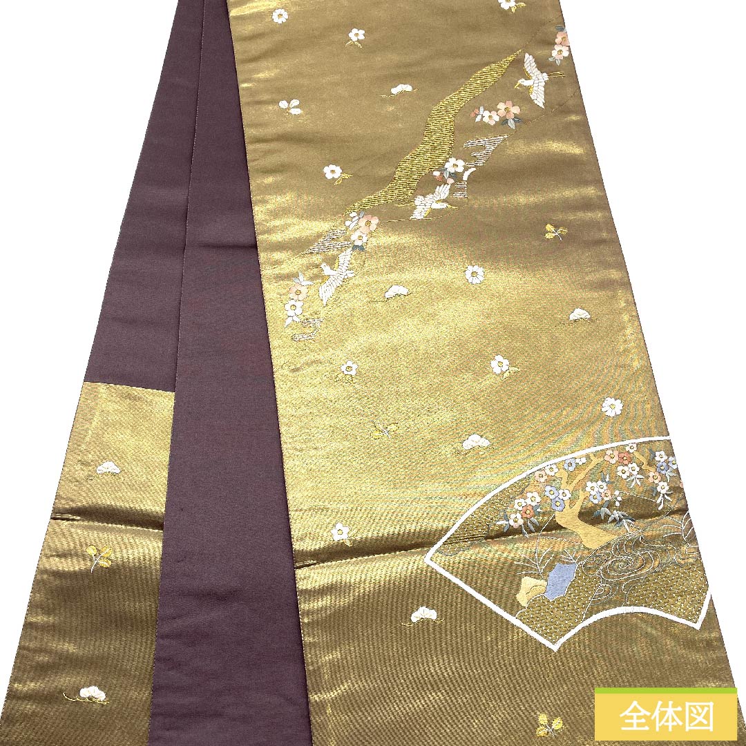 袋帯 正絹 金色 蘇州刺繍 古典柄 花柄 帯丈455cm Sランク 六通 フォーマル 金系 1123010932421