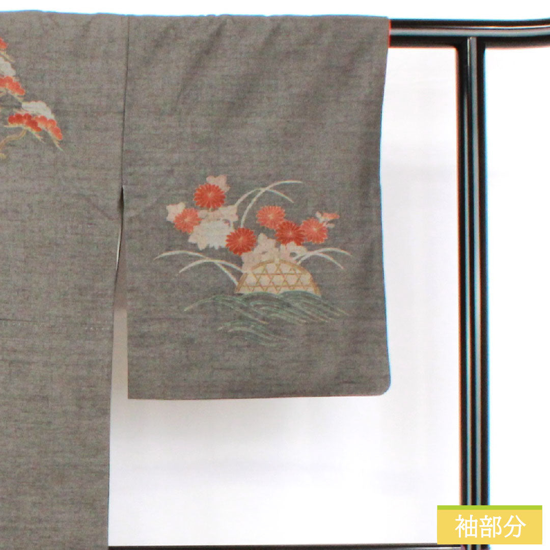 訪問着 正絹 袷 身丈160.5cm 裄丈63.5cm 熨斗目色(のしめいろ) 紬地 草花模様 Sランク グレー系 1112005442422
