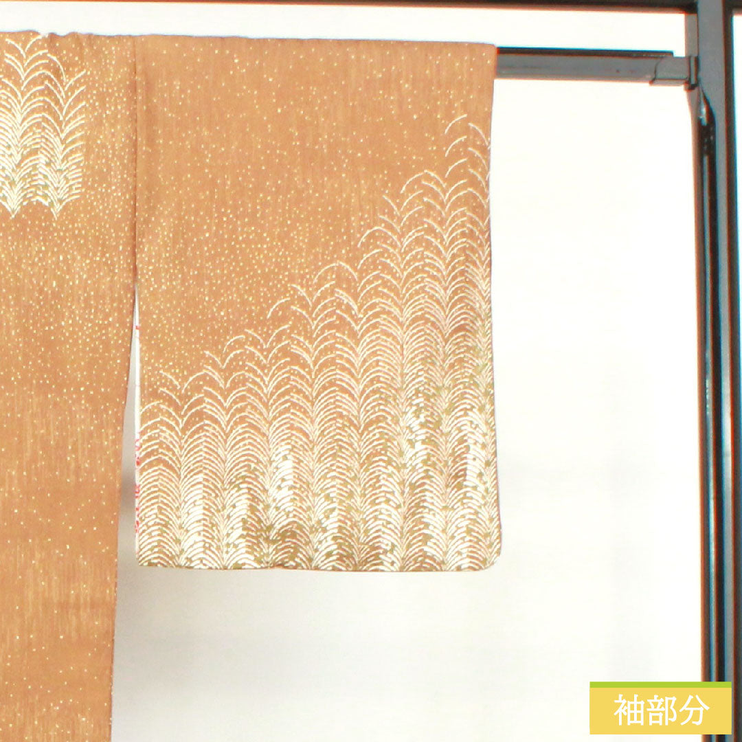 Homongi (formal kimono) made of polyester, lined, length 165cm, sleeve length 65.5cm, hunting tiger color, washable kimono, with undergarment, S rank, brown, 1112003692514