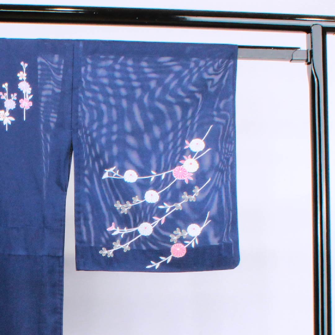 Summer polyester formal kimono, length 156.5cm, sleeve length 65cm, dark blue, chrysanthemum, silk, S rank, navy blue, 1132000102318