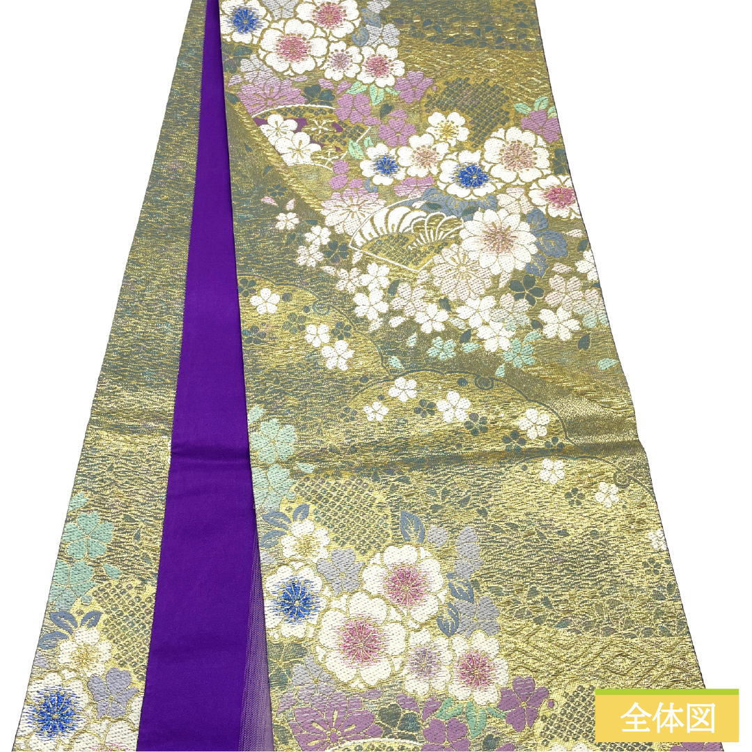 Fukuro obi, pure silk, S rank, reversible, Nishijin-ori, cherry blossoms, stripes, obi length 464cm, Rokutsu, formal, gradation, 1123017262499