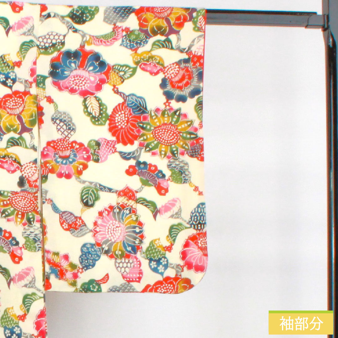 Komon, pure silk, length 158cm, sleeve length 62cm, lined, milky white, Kyoto Bingata, floral pattern, A rank, cream color, 1115004293315