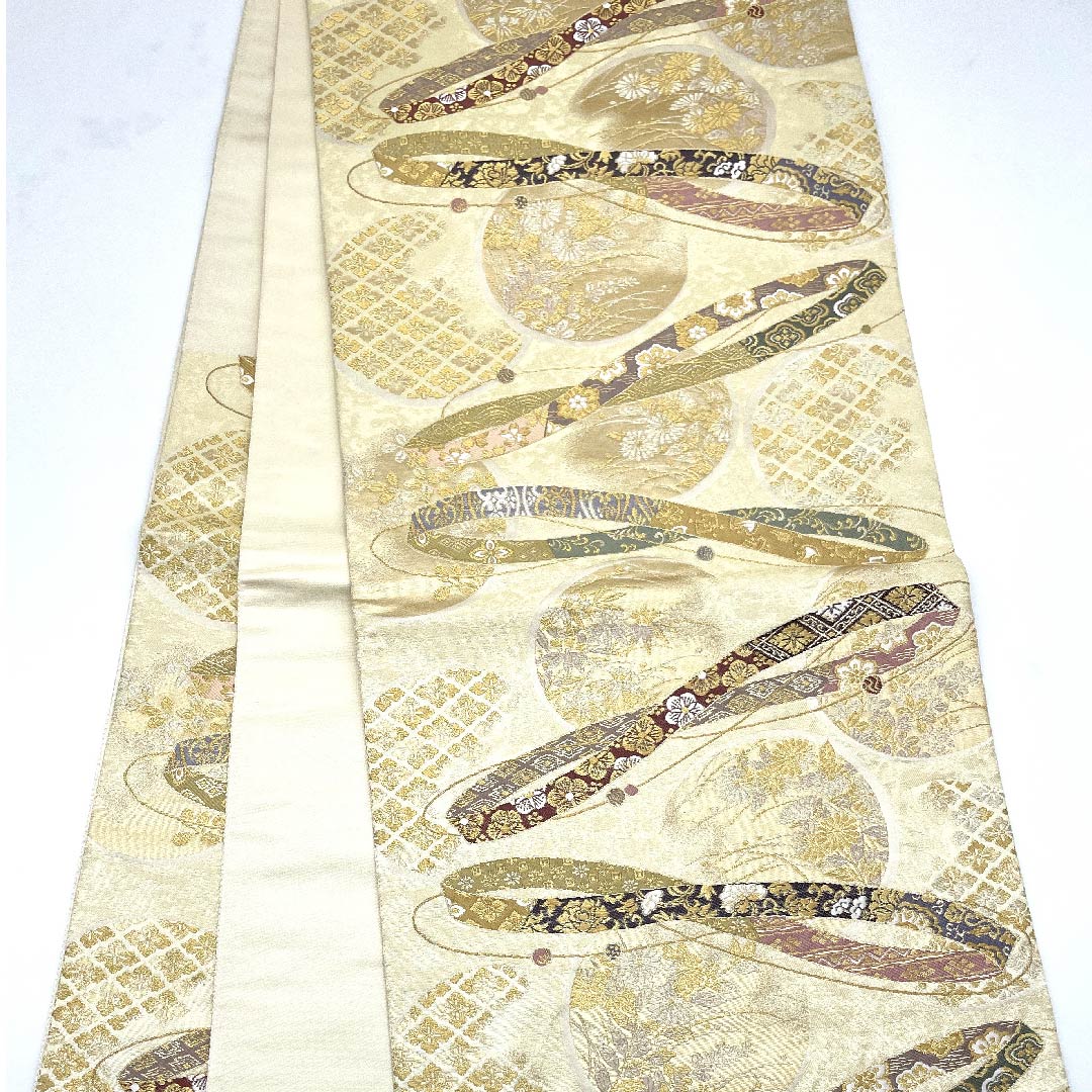 袋帯 鳥の子色(とりのこいろ) 古典柄 織の輪銘宝文 帯丈442cm 正絹 Sランク 六通 フォーマル クリーム系 1123008722315