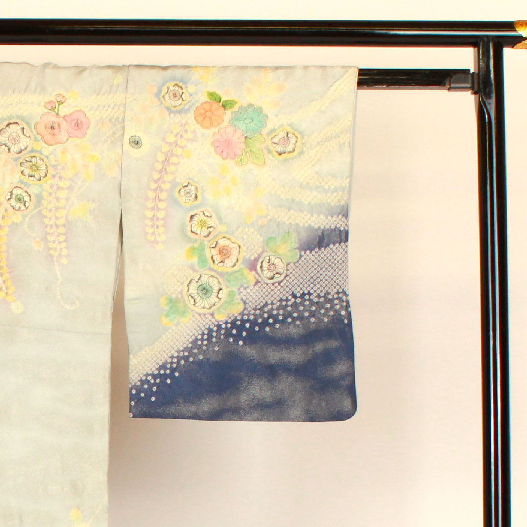 Homongi, lined, length 159cm, sleeve length 66cm, Tsujigahana, silver thread, artist's work, pure silk, S rank, gray, 1112000532322
