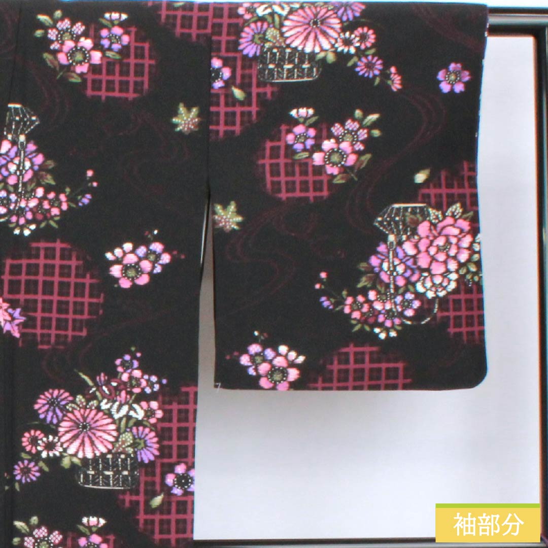Komon (small pattern) kimono, polyester, length 163cm, sleeve length 67cm, lined, flower basket design, washable, rank A, black, product number 1115005893410