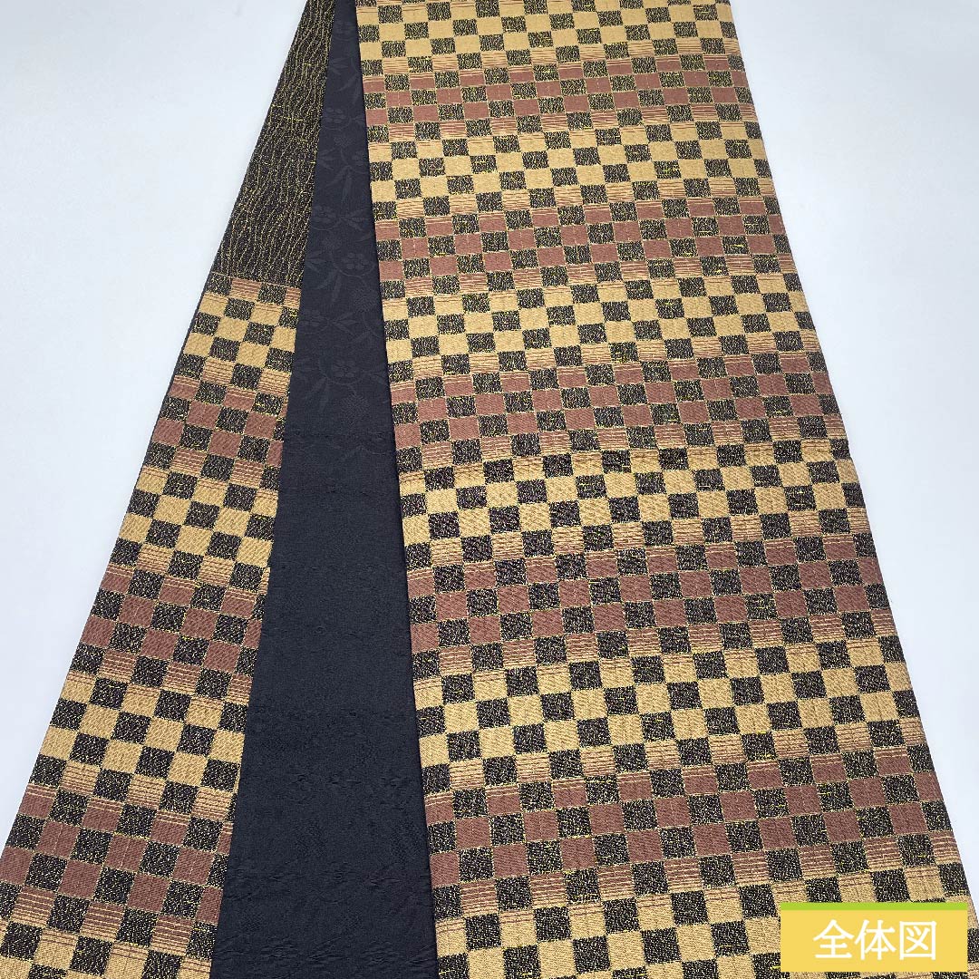 袋帯 檜皮色(ひわだいろ) 市松模様 帯丈440cm 正絹 Sランク 六通 カジュアル 茶系 1123009922314