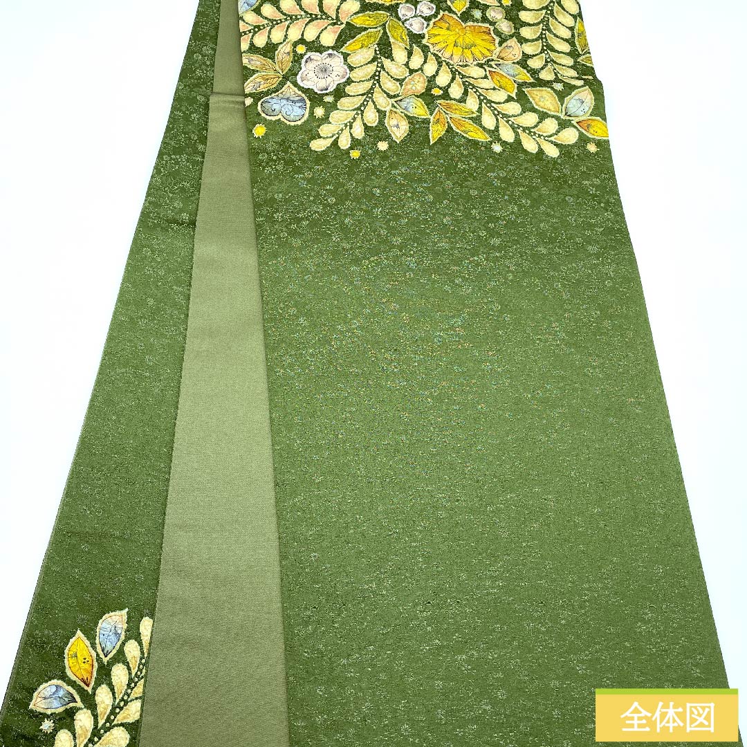 【未仕立】袋帯 正絹 Sランク 松葉色(まつばいろ) 辻ヶ花 花唐草 鳳凰 作家物 帯丈464cm ポイント柄 フォーマル 緑系 1123010562419