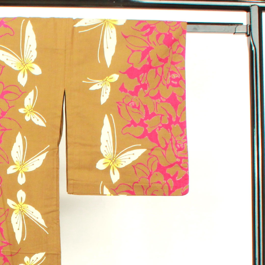 Yukata Kyara color butterfly rose cotton A rank single layer length 160.5cm sleeve length 64.5cm brown 1118001743414
