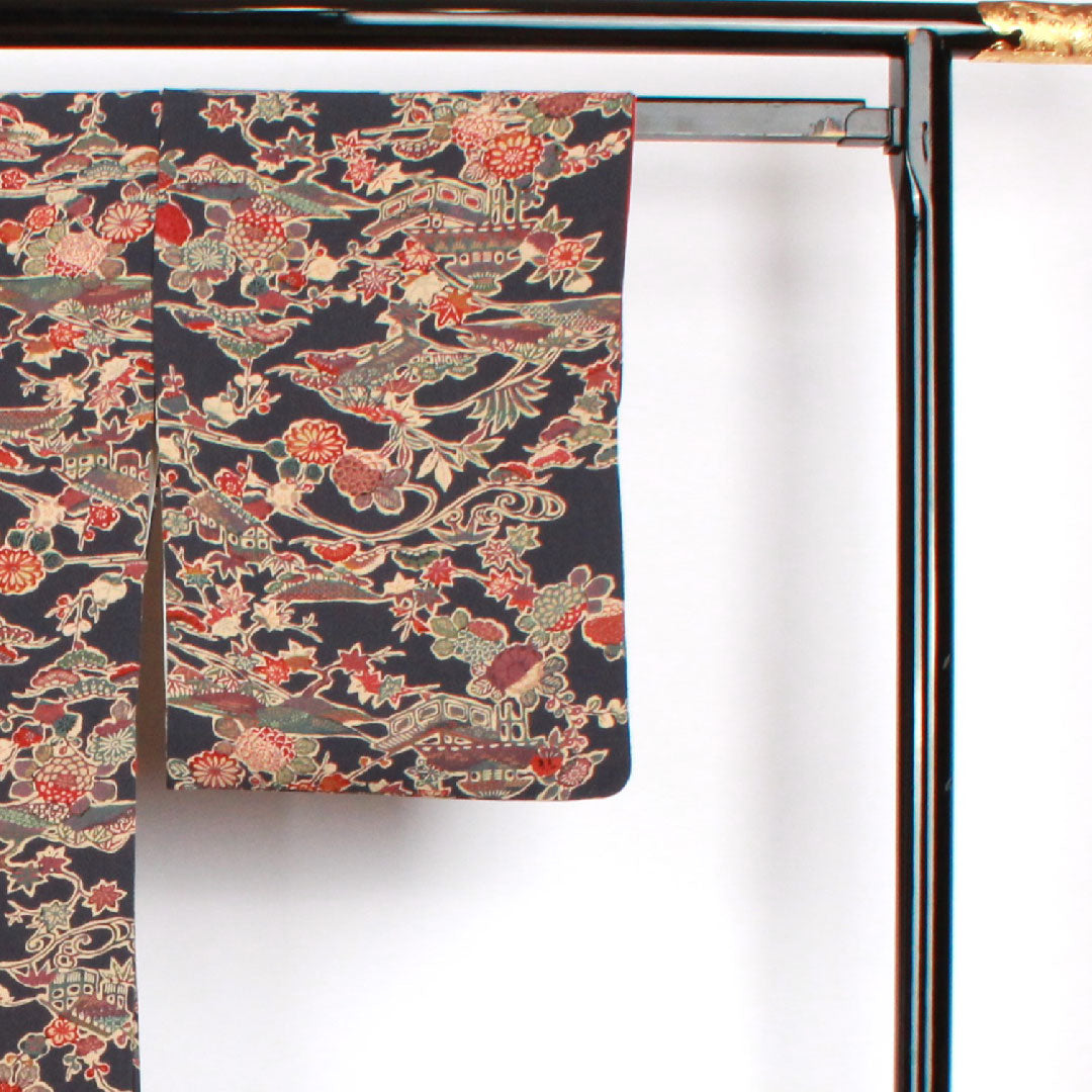 Small pattern, Length 154.5cm, Sleeve length 60.5cm, Lined, Blue-brown, Stencil dyeing, Floral pattern, Pure silk, A rank, Navy blue, 1115002293218