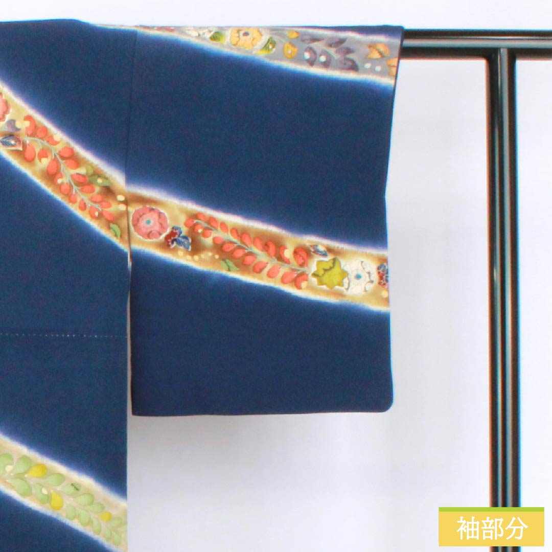 Visiting Kimono, Pure Silk, S Rank, Lined, Length 155cm, Sleeve Length 63cm, Navy Blue, Chirimen Fabric, Tsujigahana Pattern, Navy Blue, Product Number: 1112006292318