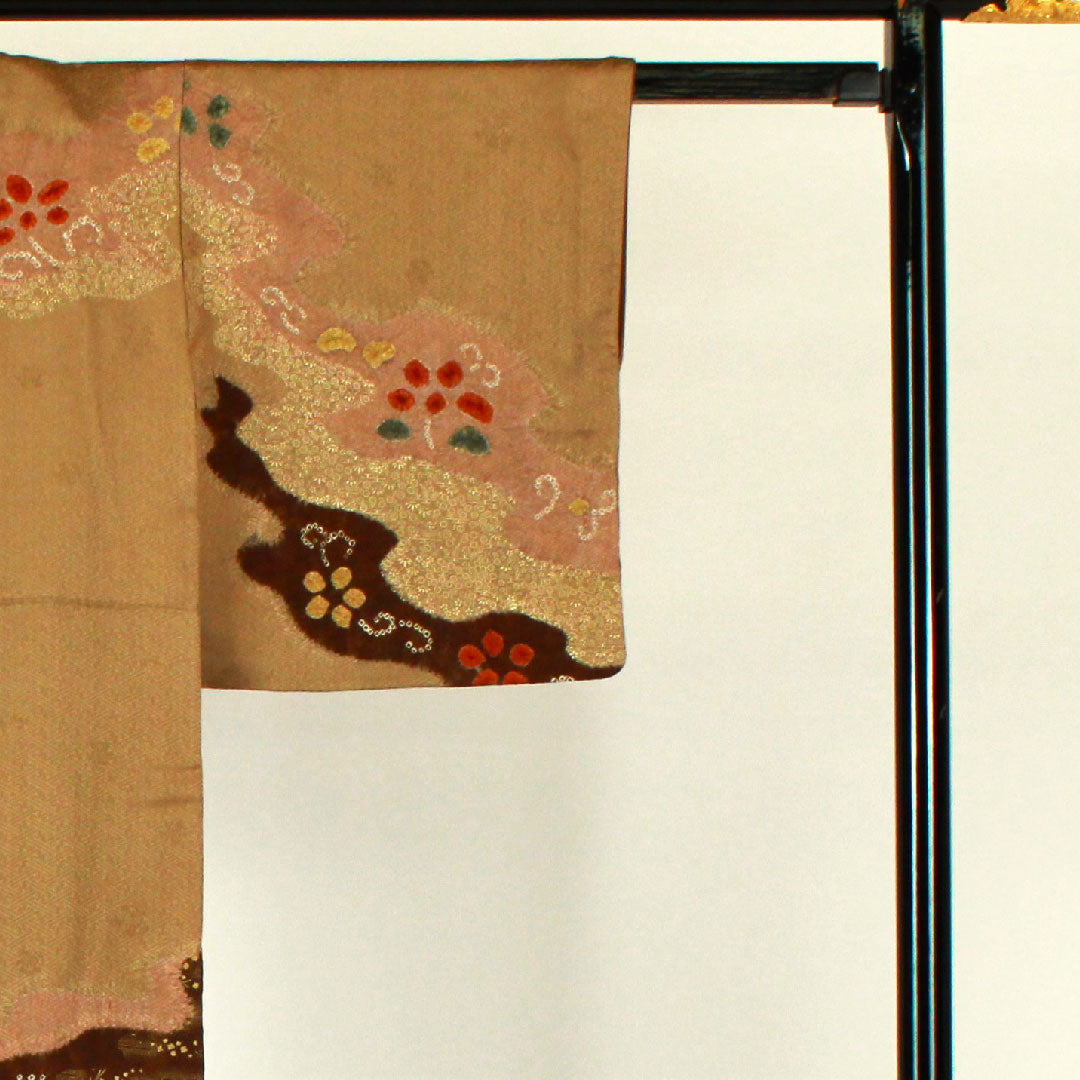 Homongi, lined, length 145.5cm, sleeve length 60cm, Sayagata, flowing water, tie-dye, pure silk, S rank, brown, 1112000302114