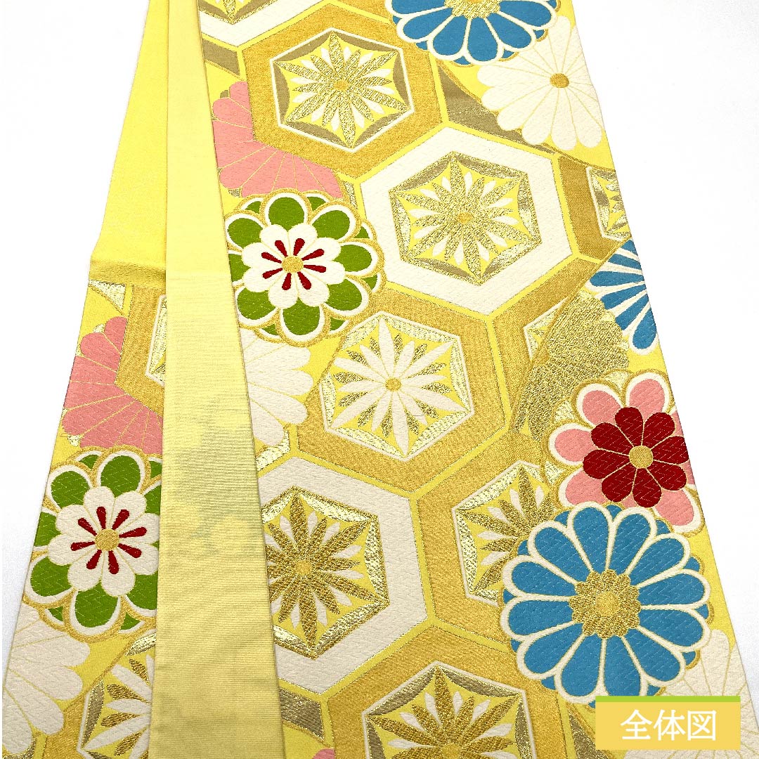 Fukuro Obi, pure silk, gold, tortoiseshell pattern, chrysanthemum, obi length 444cm, S rank, six-pass, formal, gold, 1123011702321