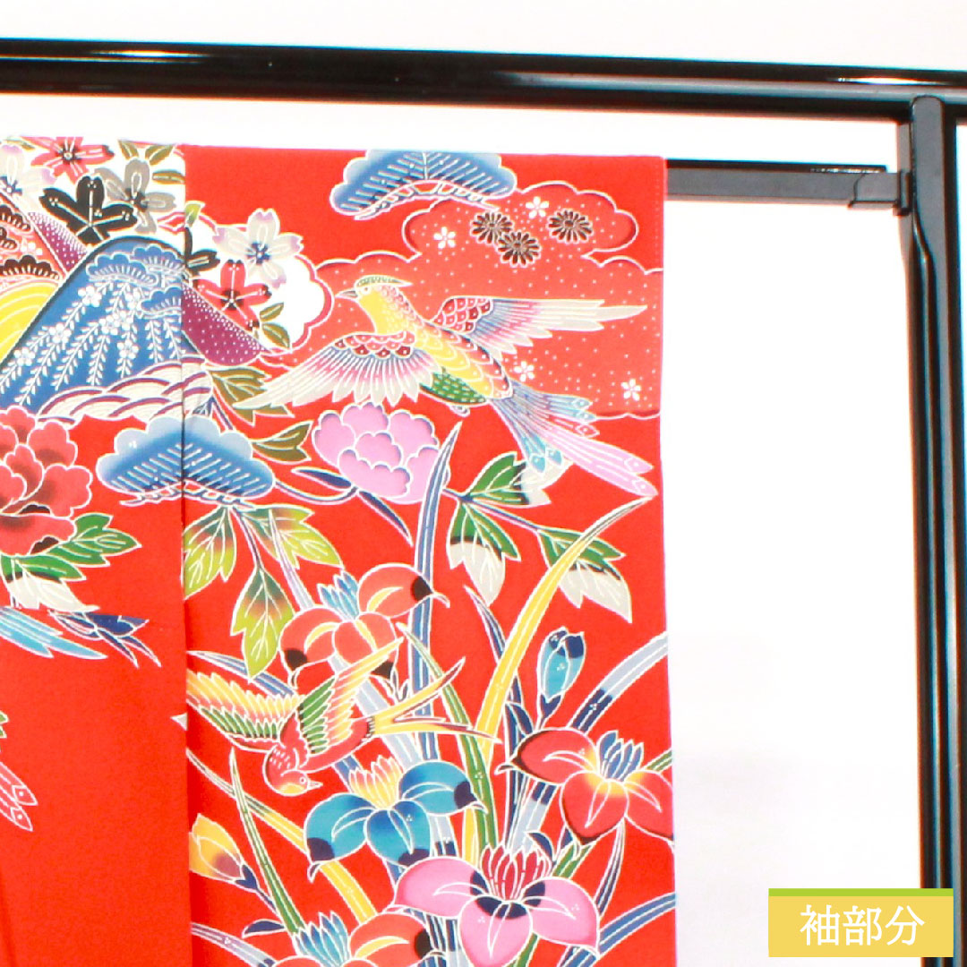 Furisode, pure silk, length 164cm, sleeve length 65.5cm, lined, scarlet, Kyoto Bingata, auspicious motif, S rank, red, 1113001832412
