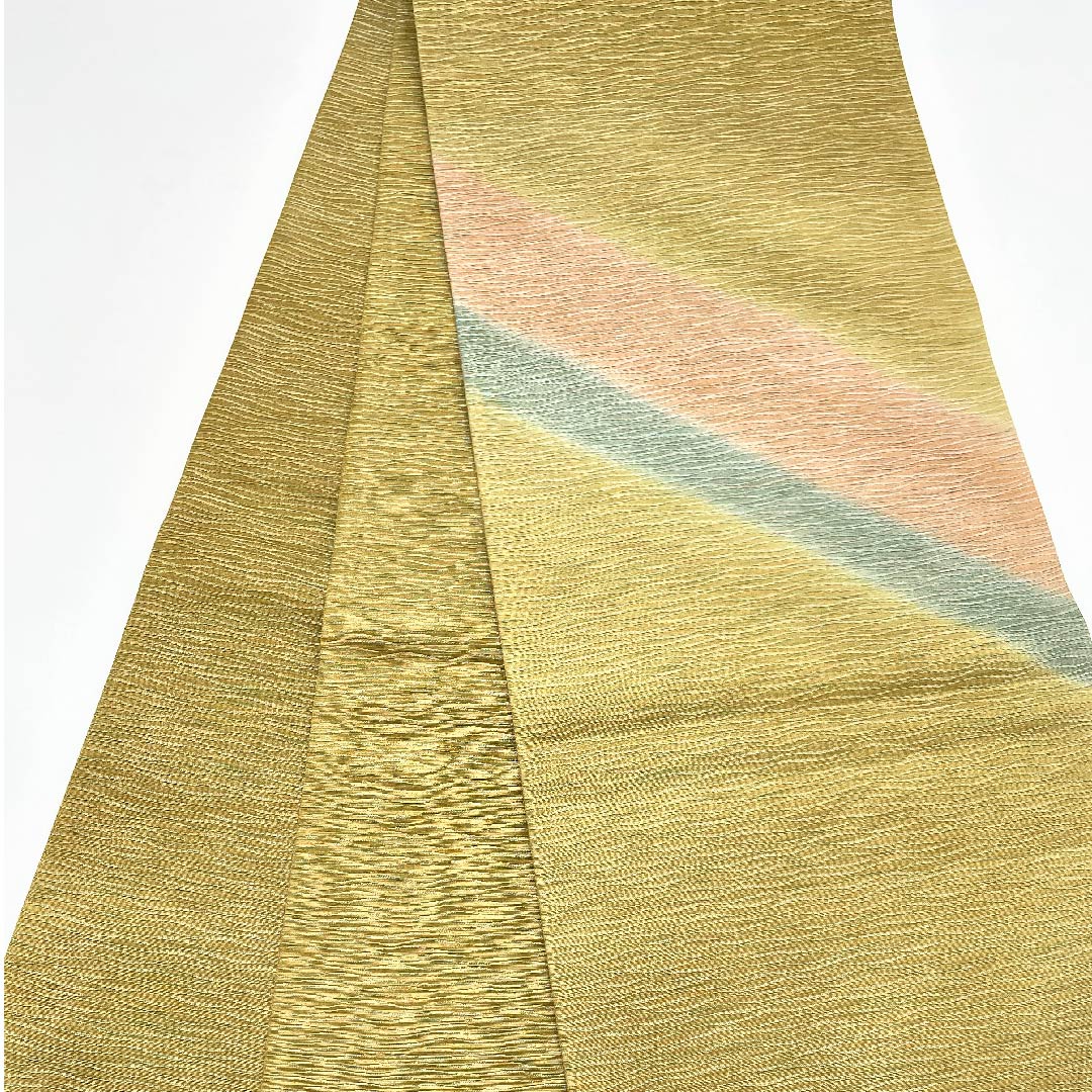 Fukuro Obi (Sash) Yellow Sea Pine Brown (Kimiru Chairo) Gold Dyed Obi Length 444cm Pure Silk A Rank Point Pattern Semi-Formal Green 1123005413319