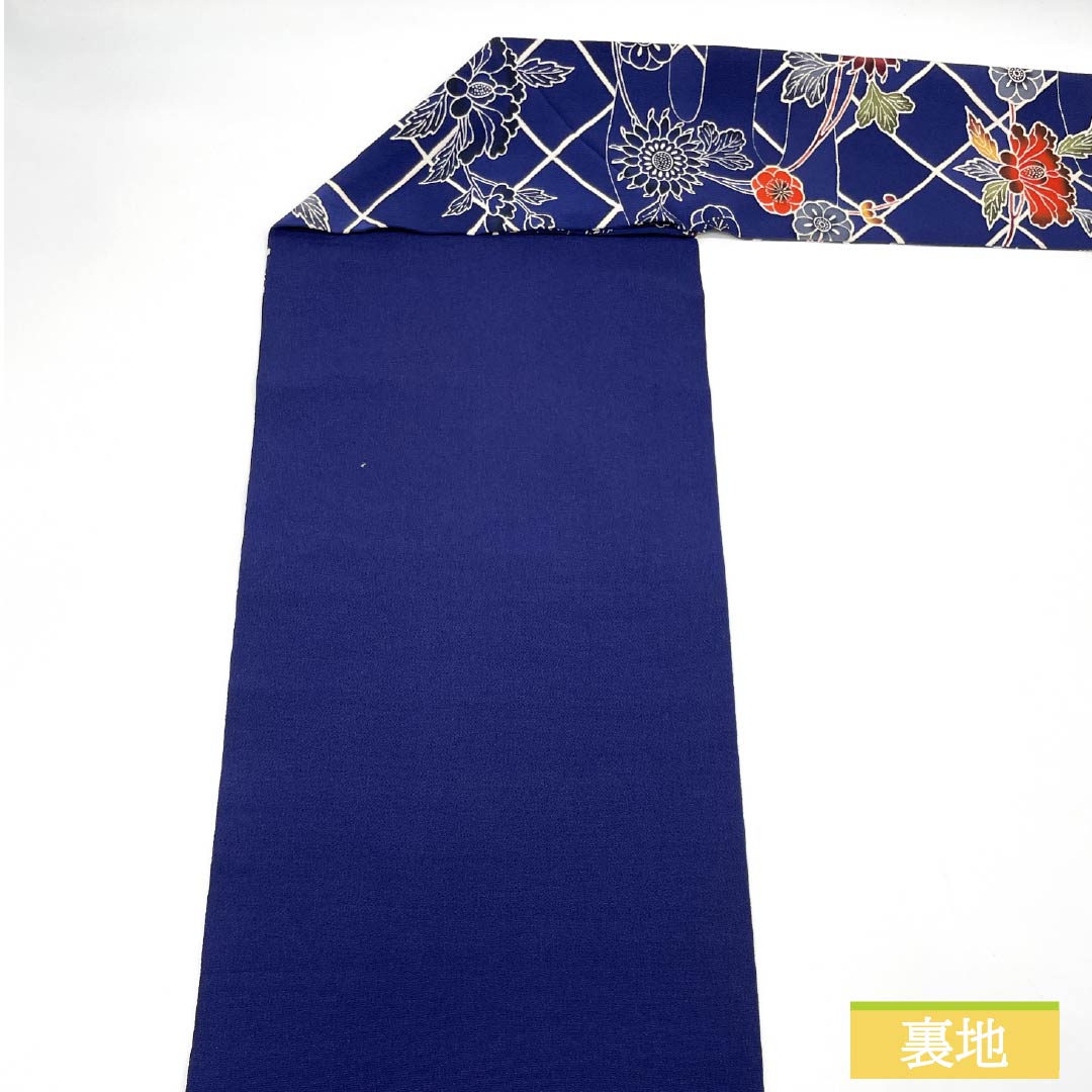 名古屋帯 紺瑠璃色(こんるりいろ) 型染 ちりめん地 斜め格子 帯丈364cm 正絹 Cランク 全通 カジュアル 紺系 1124007865318 名古屋仕立て
