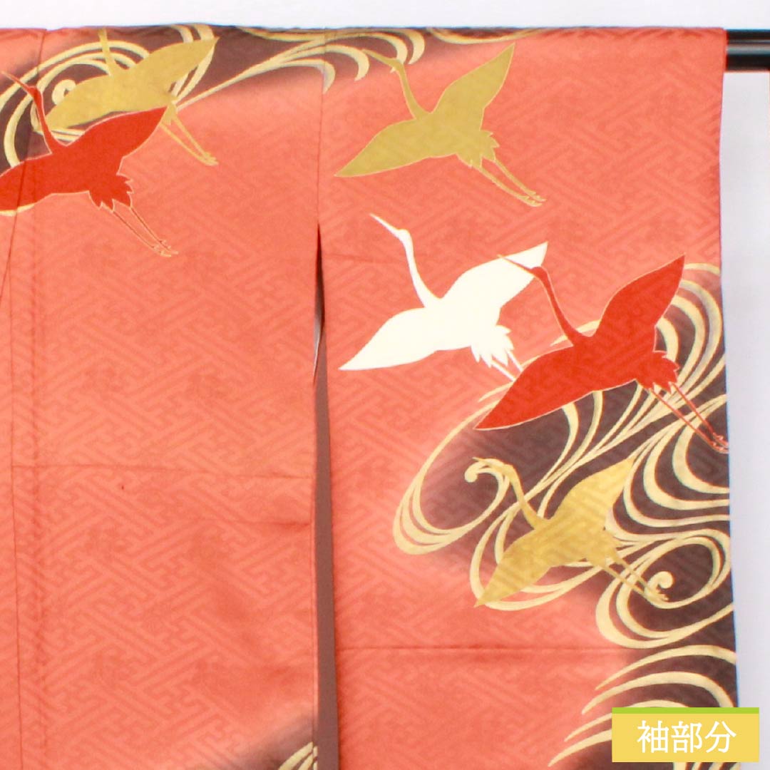 Kimono (Furisode) S Rank, Length 169.5cm, Sleeve-to-sleeve 65cm, Lined, Pomegranate Red (Ryūhohahon-iro), Kyo-Yuzen, Plant-dye Yuzen, Cranes, Flowing Water, Rinzu Fabric, Orange Family, 1113002562526