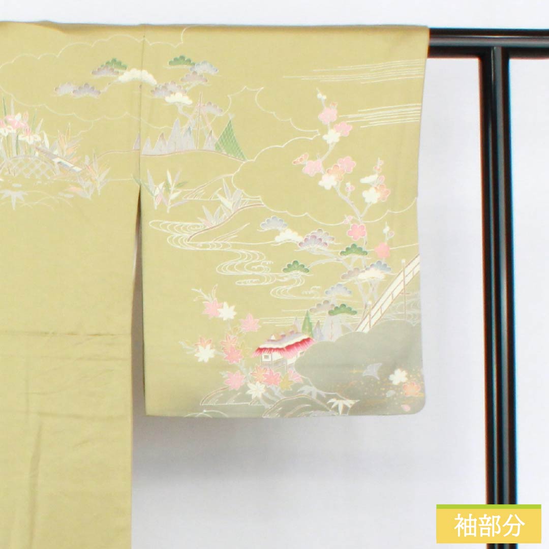 訪問着 正絹 Aランク 袷 身丈171.5cm 裄丈69cm 玉子鼠色(たまごねずいろ) 京友禅 網干 風景模様 黄系 1112006093623