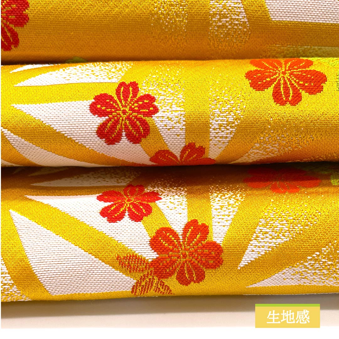 【未仕立】半幅帯 ポリエステル Sランク 濃卵色(こいたまごいろ) 花柄 小桜 麻の葉 木の実 古典柄 帯丈352cm 黄系 1125000932323
