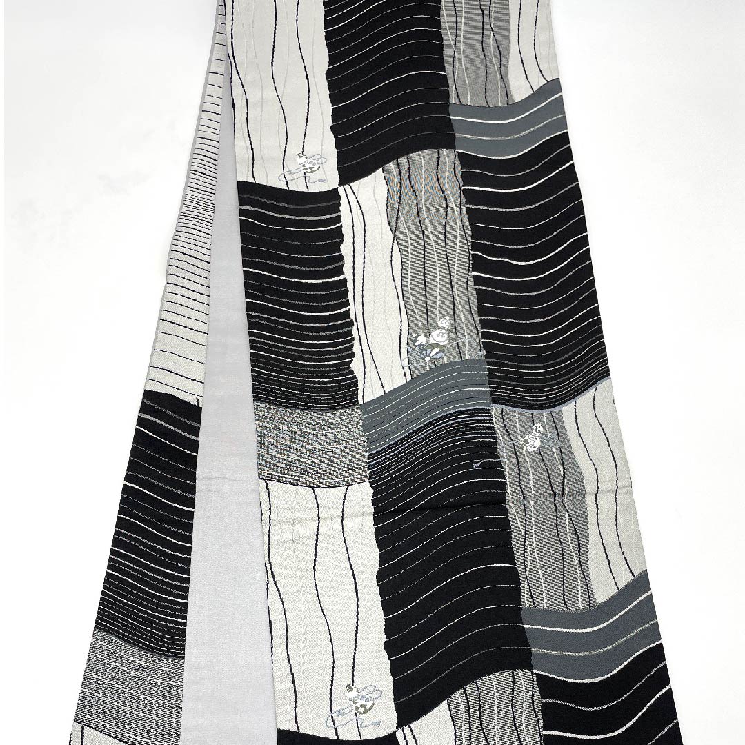 Fukuro Obi, Checkered Pattern, Gourd Pattern, Monotone, Length 438cm, Pure Silk, S Rank, Six-way, Casual, Gradient Style, 1123008812399