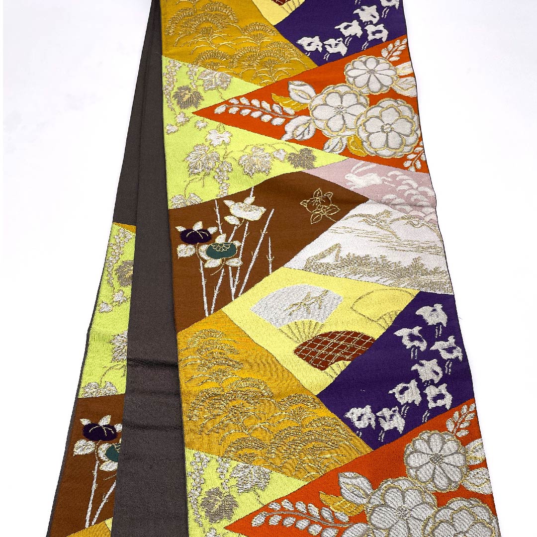 Fukuro Obi Gradient Auspicious Pattern Flower Houndstooth Rabbit Obi Length 440cm Pure Silk S Rank Six-way Semi-formal Gradient 1123009012399