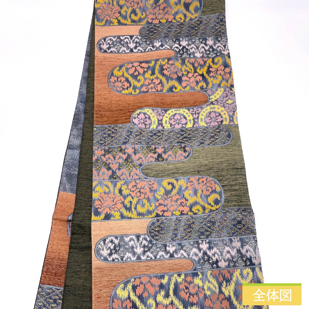 Fukuro Obi, Pure Silk, Flower Arabesque, Circle with Flowers, Horizontal Stripes, Length 446cm, A Rank, Six-Way, Casual, Gradient Style, 1123012423399