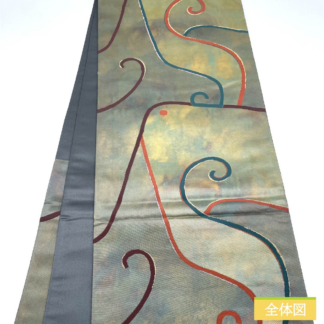 袋帯 正絹 千種鼠色(ちぐさねずいろ) 抽象模様 帯丈450cm Sランク 六通 カジュアル 緑系 1123012802419