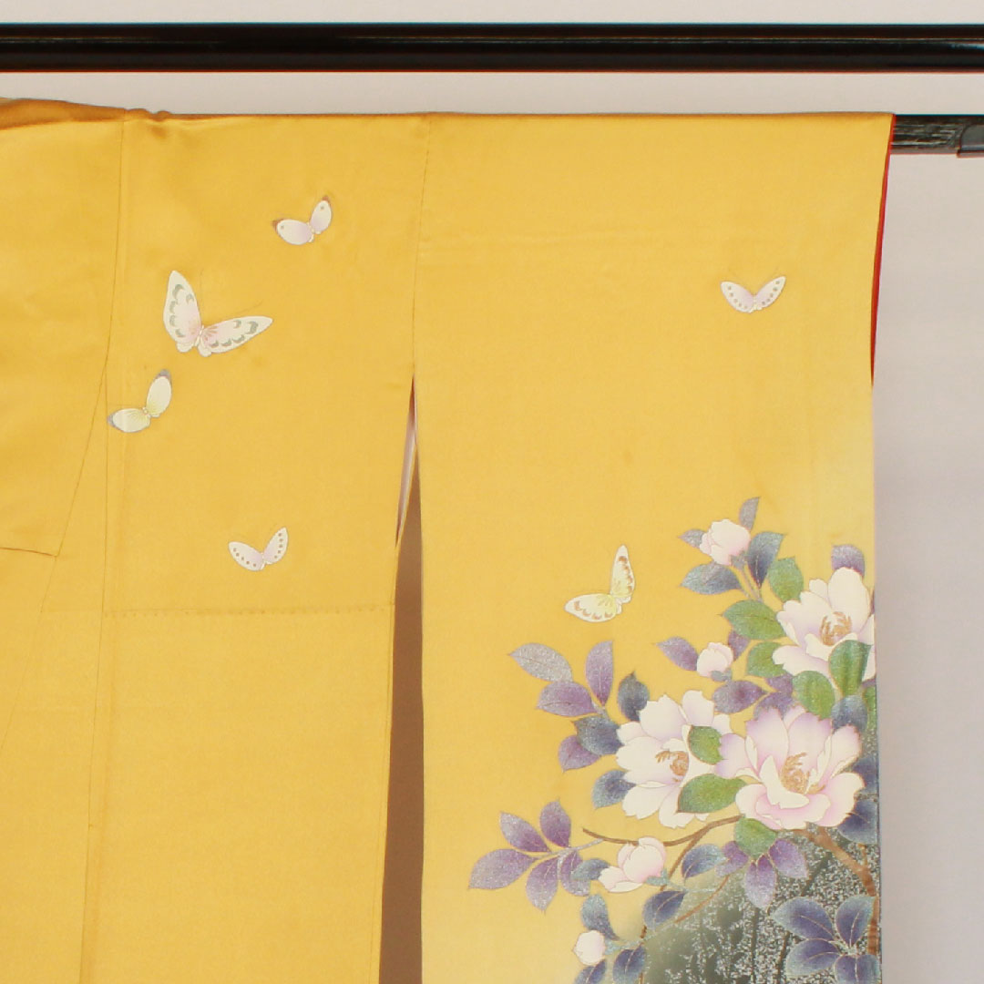 振袖 身丈159cm 裄丈67cm 袷 蝶 花柄 正絹 Aランク 黄系 1113000383323