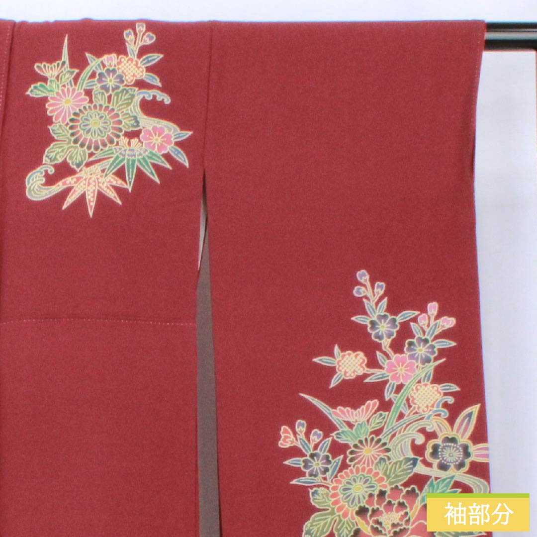 振袖 正絹 Sランク 身丈164cm 裄丈67cm 袷 臙脂色(えんじいろ) 京紅型 吉祥文様 ちりめん地 パールトーン加工 赤系 1113002492412