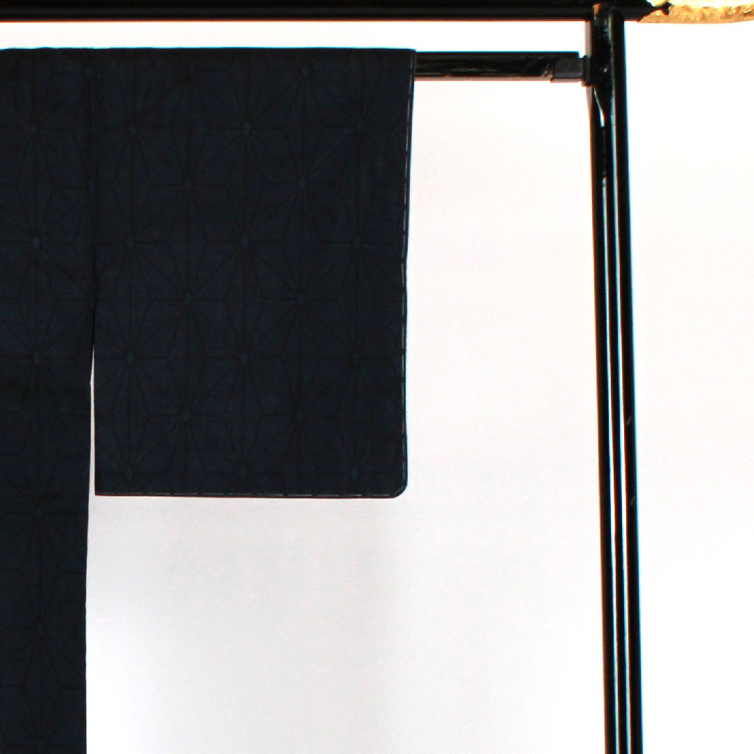Oshima Tsumugi, Length 156cm, Sleeve length 62cm, Weft and weft kasuri, Asanoha, Pure silk, S rank, Awase, Navy blue, 1116001202318