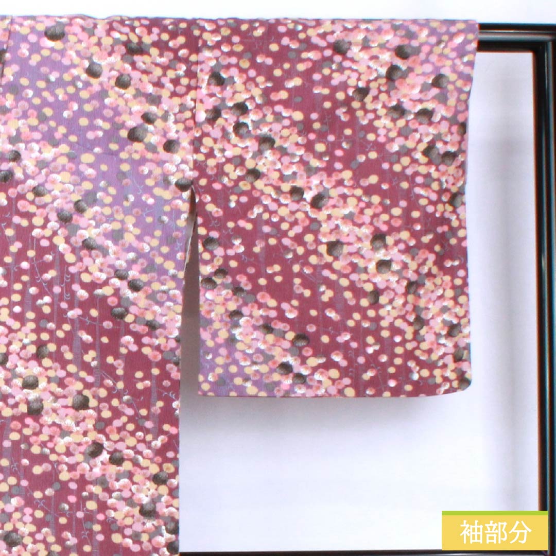 小紋 ポリエステル 身丈161.5cm 裄丈66cm 袷 蒲萄色(えびいろ) 古代紫色(こだいむらさきいろ) 型染 抽象柄 洗える着物 Aランク 紫系 1115005543420