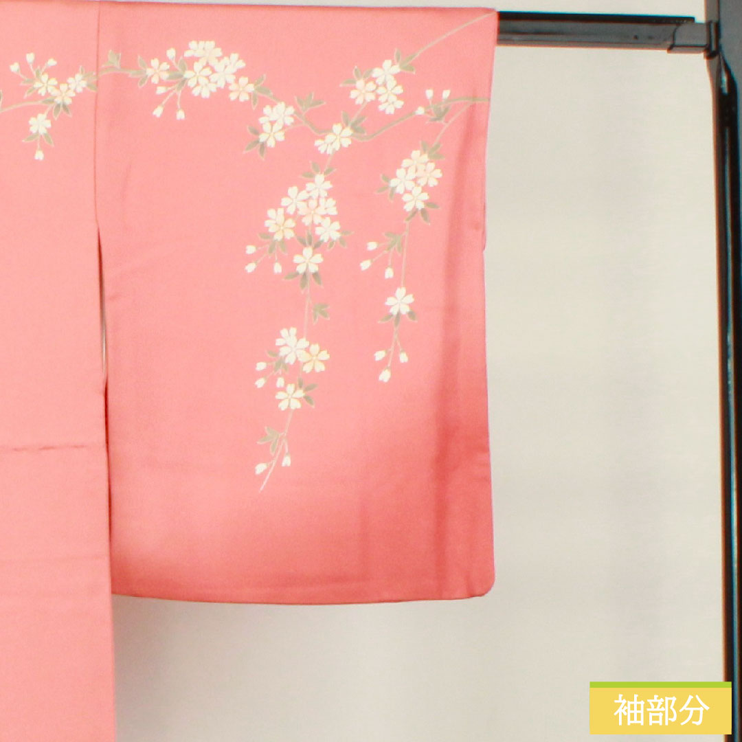 Homongi, pure silk, lined, length 158.5cm, sleeve length 64.5cm, Choshun-iro (Choshu-iro), Kyo-Yuzen, cherry blossom, chrysanthemum, flowing water, auspicious motif, S rank, pink, 1112004442313