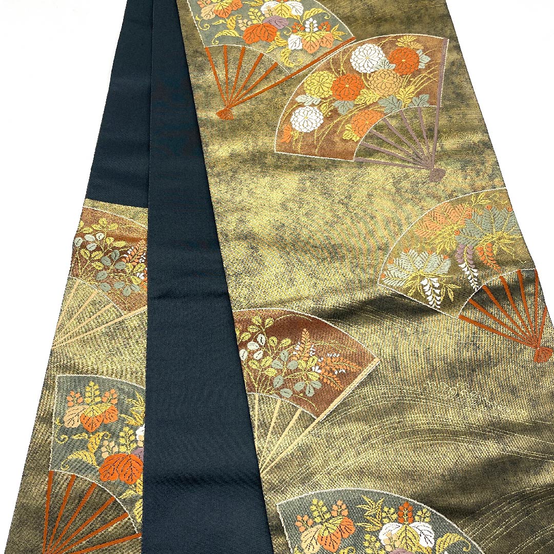 【未仕立】袋帯 正絹 Sランク 金色 扇面 花模様 帯丈443cm 六通 フォーマル 金系 1123005932321