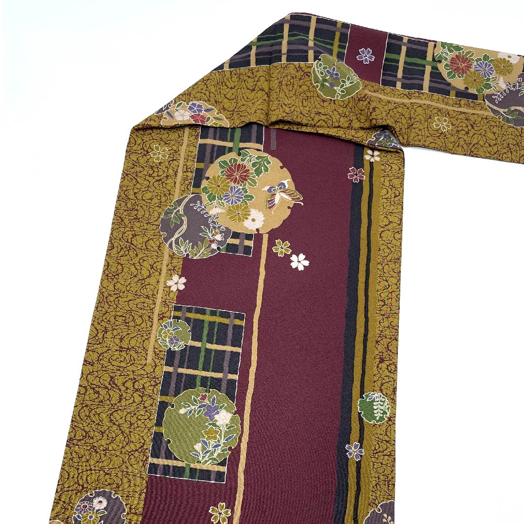 Nagoya obi, rosewood color, classic pattern, snowflake, butterfly, floral pattern, obi length 377cm, polyester, S rank, full length, casual, purple, 1124005052320, Nagoya style