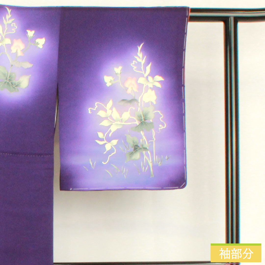 Homongi (formal kimono) made of pure silk, lined, length 160cm, sleeve length 62.5cm, violet, Kyoto Yuzen, floral pattern, A rank, purple, 1112005323420