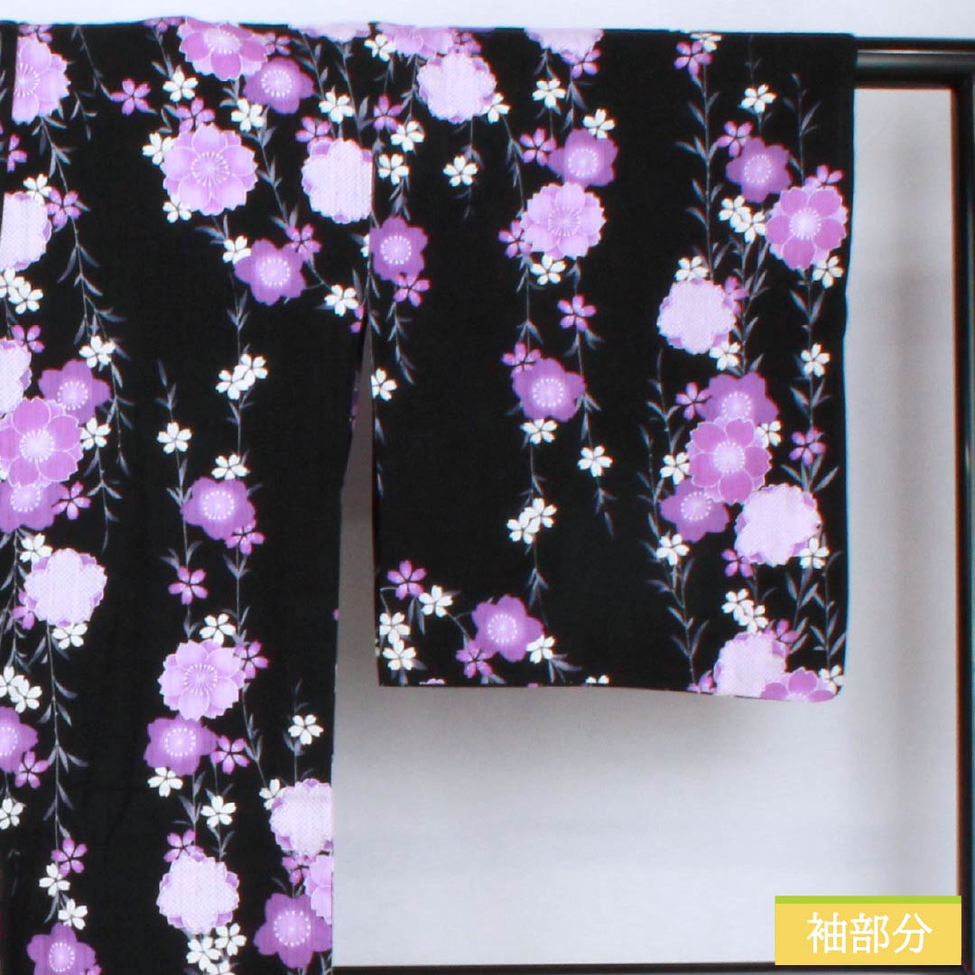 Cotton-linen Yukata, Length 165cm, Sleeve Length 69cm, Rank A, Single-Layer, Black, Weeping Cherry Blossom Pattern, Cotton-linen, 1118006043510