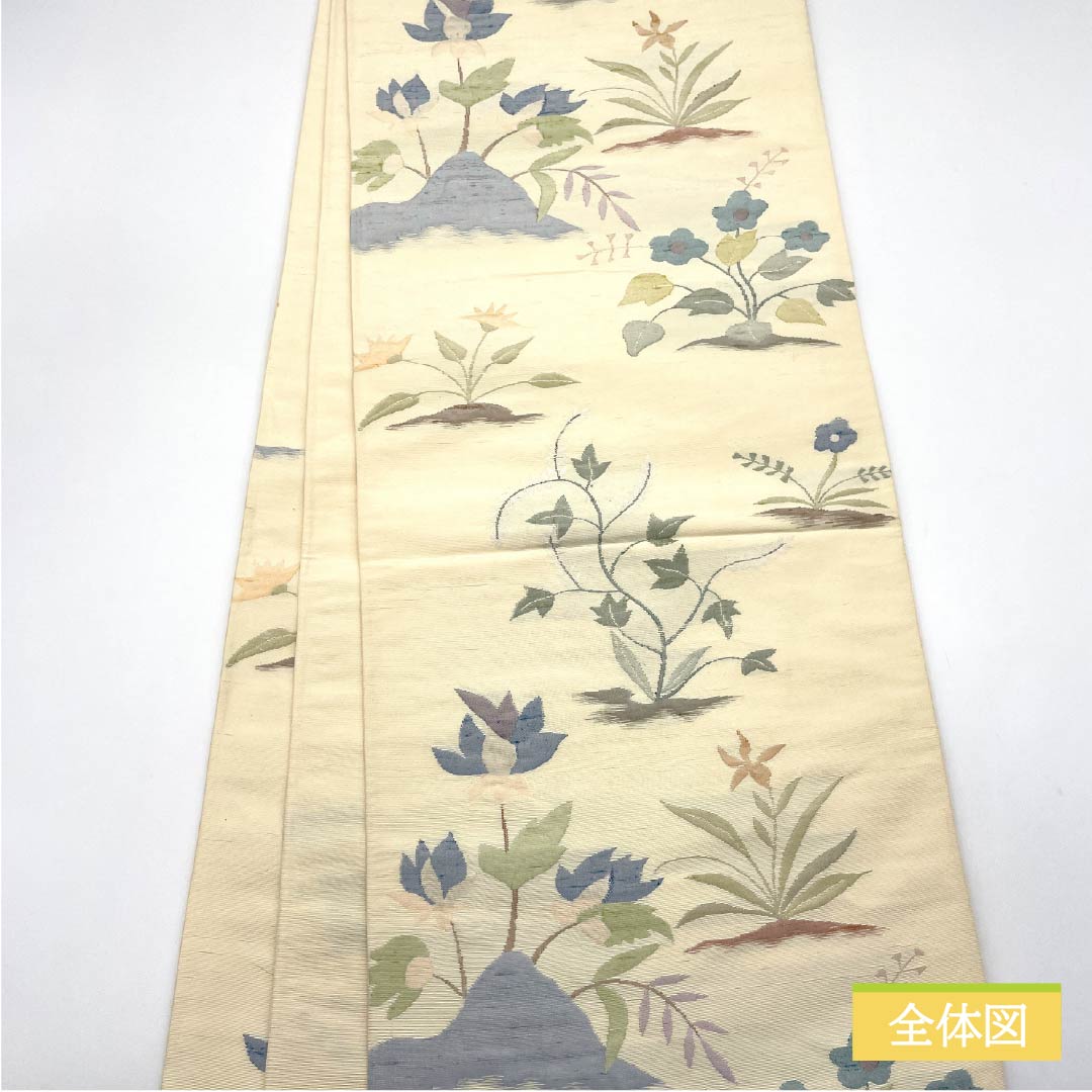 袋帯 正絹 Aランク 生成り色(きなりいろ) ふくれ織 紬地 草花模様 帯丈426cm 六通 カジュアル クリーム系 1123015303315