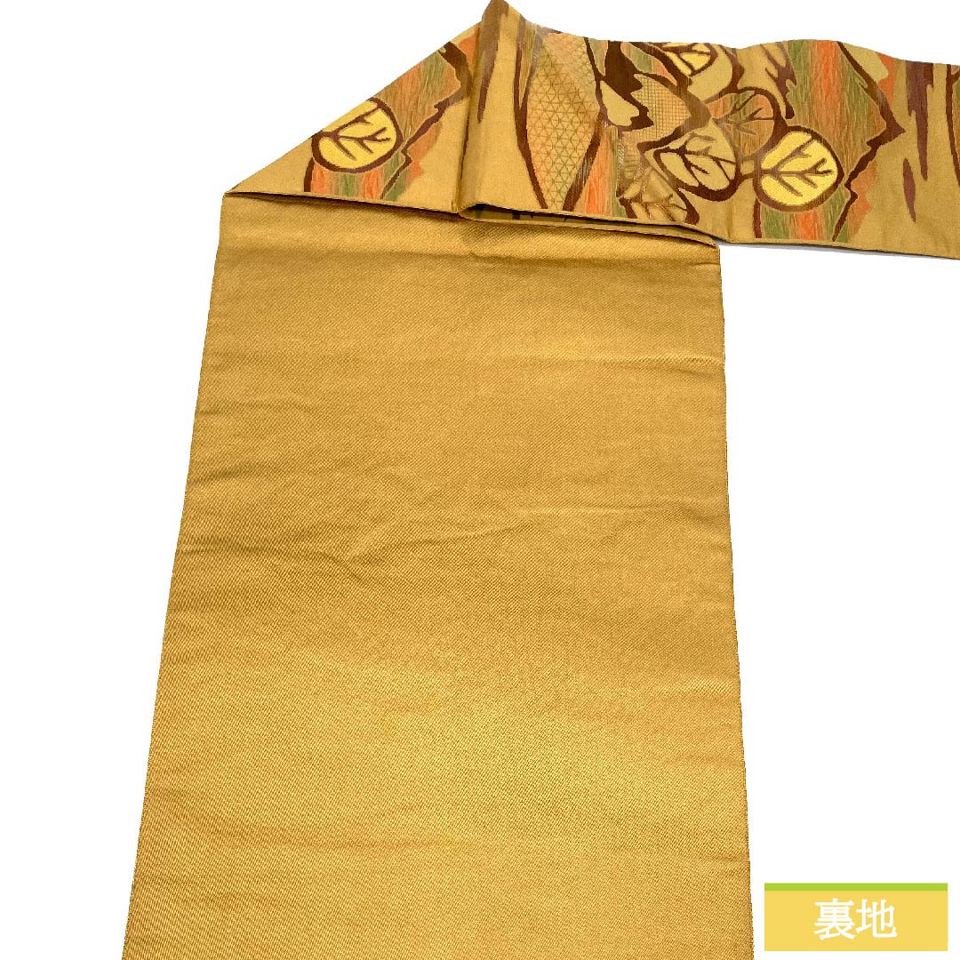 Nagoya obi, earthen cloth color, Toyama, abstract pine, tortoise shell, obi length 354cm, pure silk, S rank, six-pass, casual, yellow, 1124006012323, Nagoya style