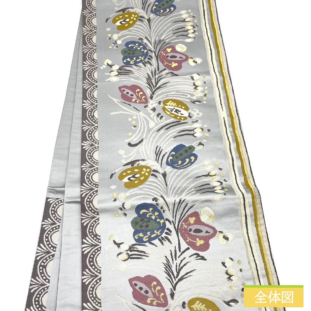Fukuro Obi, Pure Silk, Mercury Color, Abstract Flowers, Length 434cm, S Rank, Six-way, Casual, Gray, 1123013012322