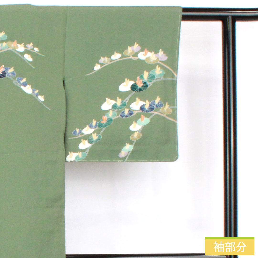 Homongi, pure silk, lined, length 146.5cm, sleeve length 60cm, rokan-iro, Kyoto yuzen, abstract pattern, basting thread included, unused, S rank, green, 1112005102119