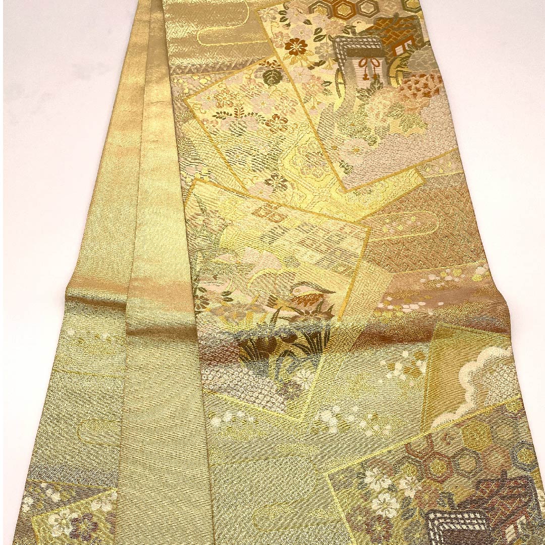 袋帯 金色 御所車 おしどり 紗綾形 花菱亀甲 帯丈440cm 正絹 Aランク 六通 フォーマル 金系 1123009123321