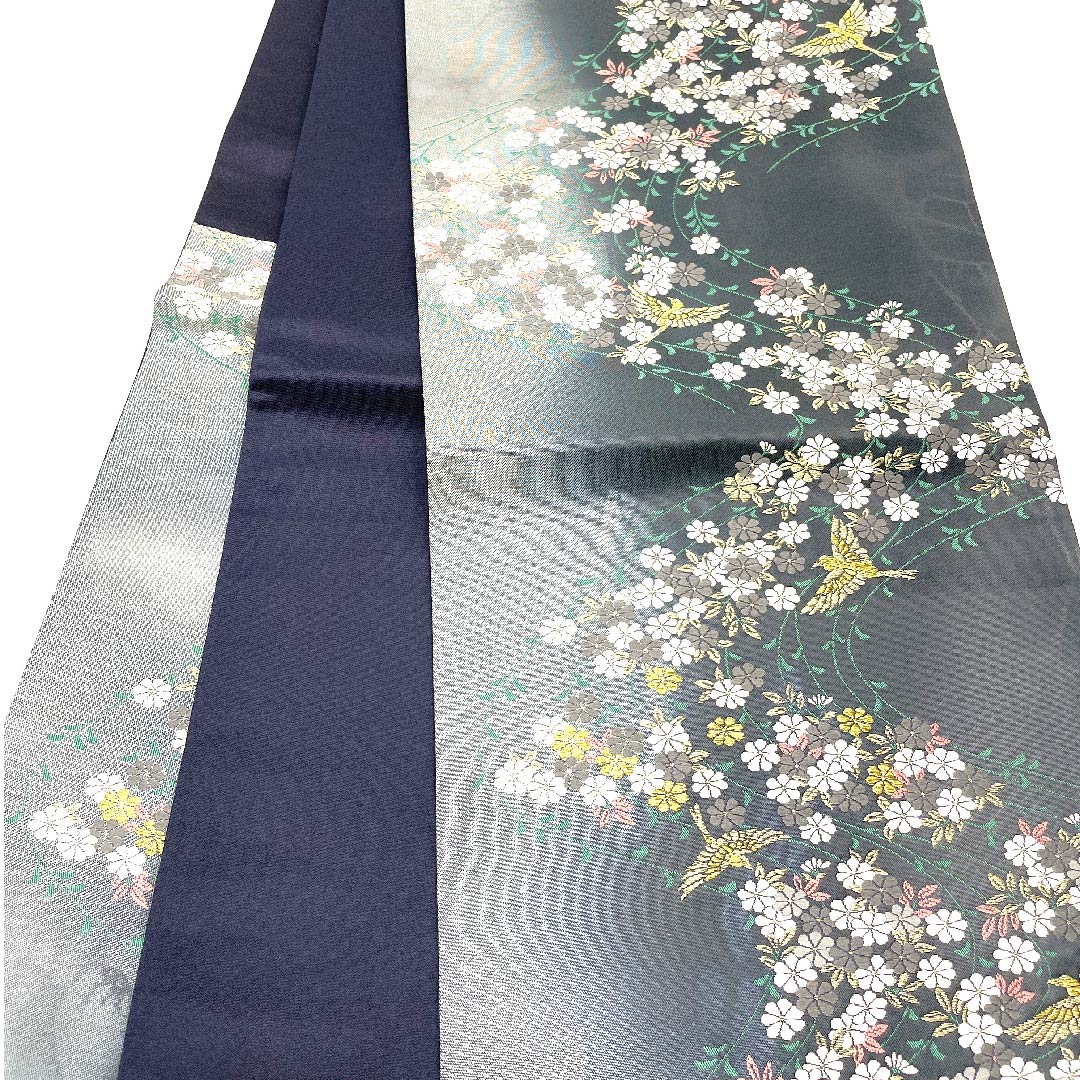 Fukuro Obi (Bag) in Noshime-iro (colored wrapping paper) with cherry blossoms, cranes and flowing water, obi length 430cm, pure silk, A rank, six-way, formal, gray, 1123002923322