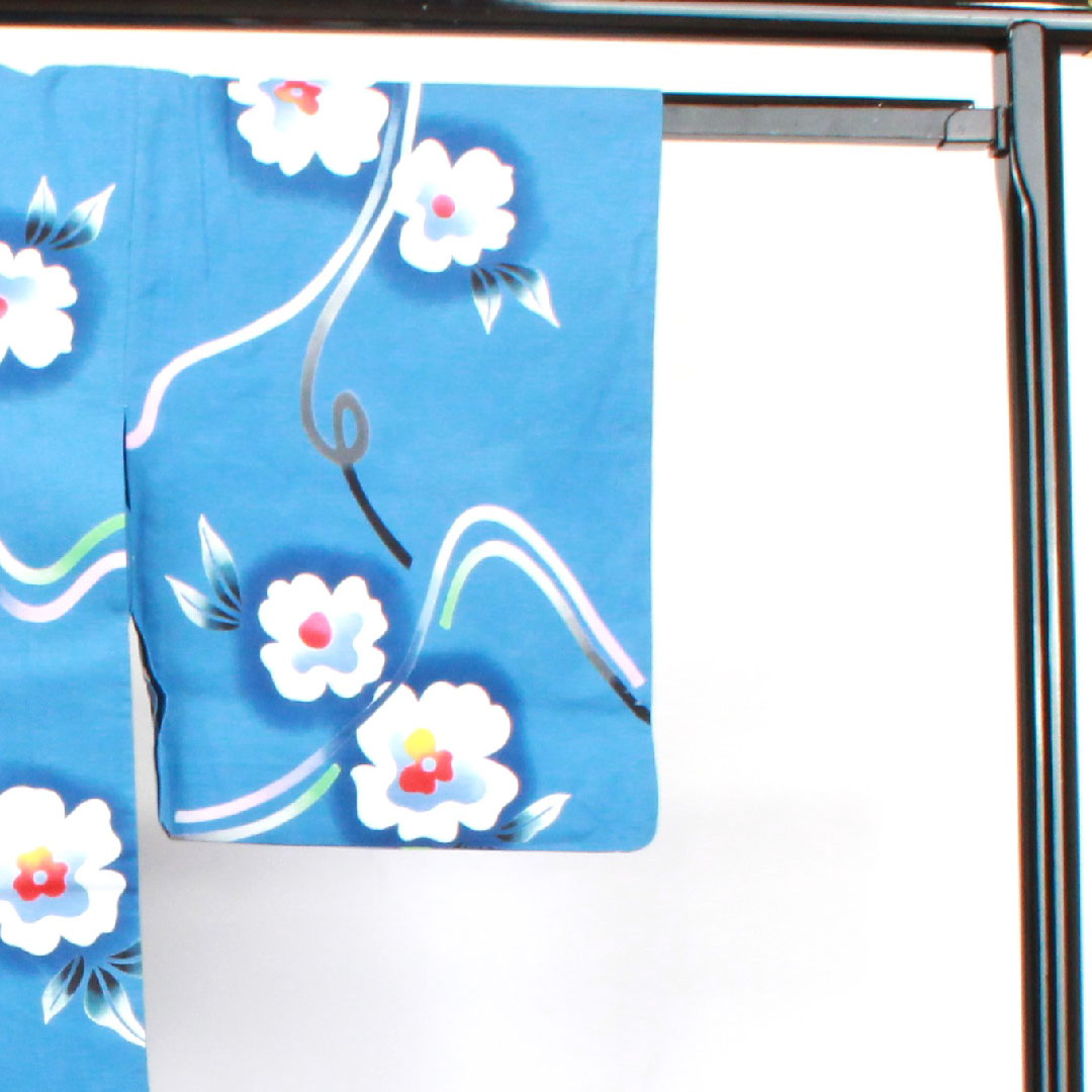 Yukata, sky blue, floral pattern, cotton, S rank, single layer, length 152cm, sleeve length 63cm, blue 1118003342217