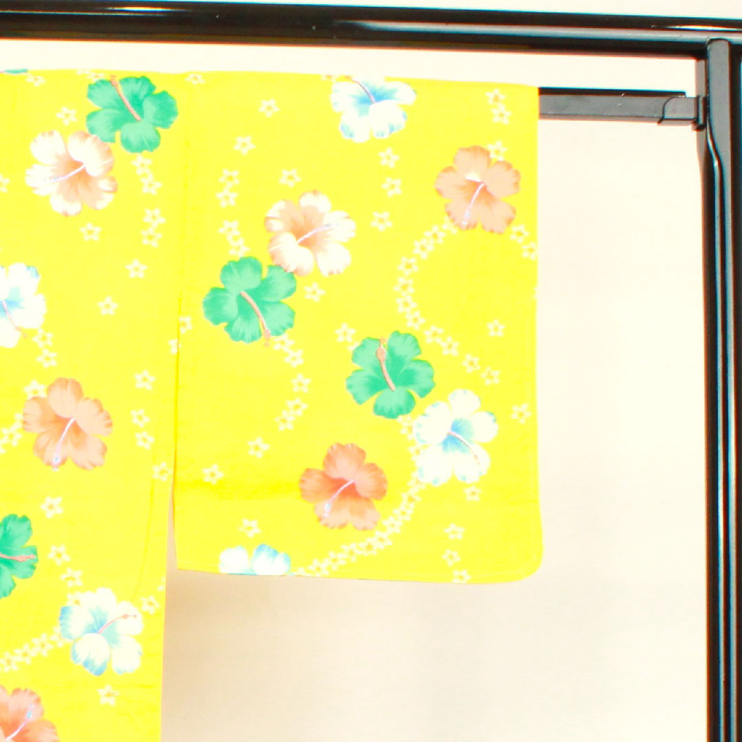Yukata with basting thread, unused, sunflower color, hibiscus, cotton, S rank, single layer, length 164cm, sleeve length 64.5cm, yellow, 1118002732423