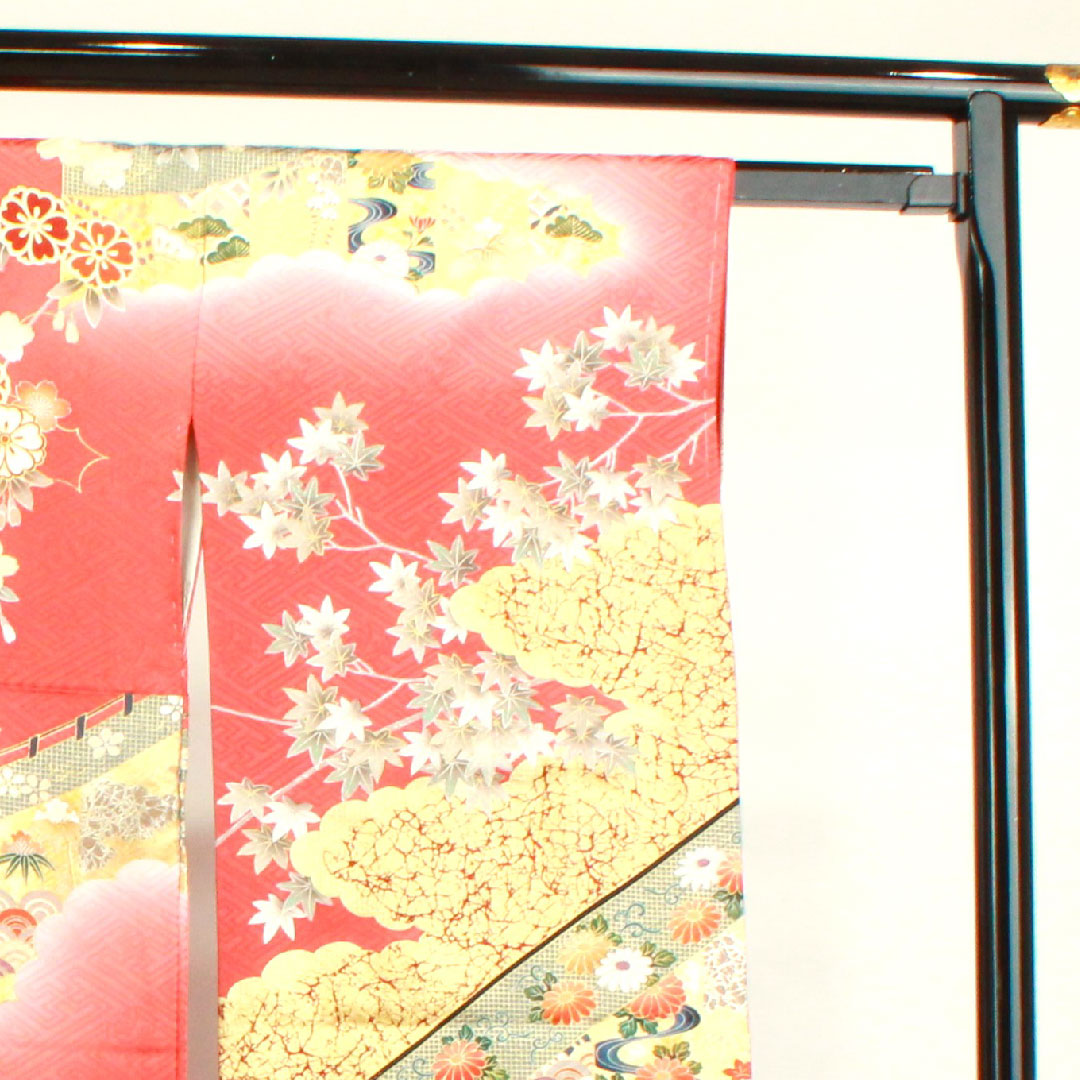 振袖 身丈163.5cm 裄丈67.5cm 袷 甚三紅色 京友禅 御所車 吉祥文様 作家物 正絹 Aランク 朱系 1113001623416