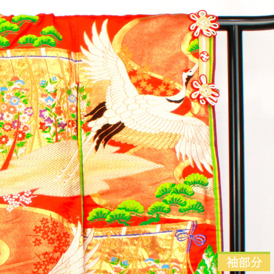 Iro-uchikake (colored kimono) made of pure silk, grade A, length 185cm, sleeve length 67cm, Karaori (Chinese weave) design with crane and folding screen motifs, pine tree motif, lined, vermilion, product number 1110001043916