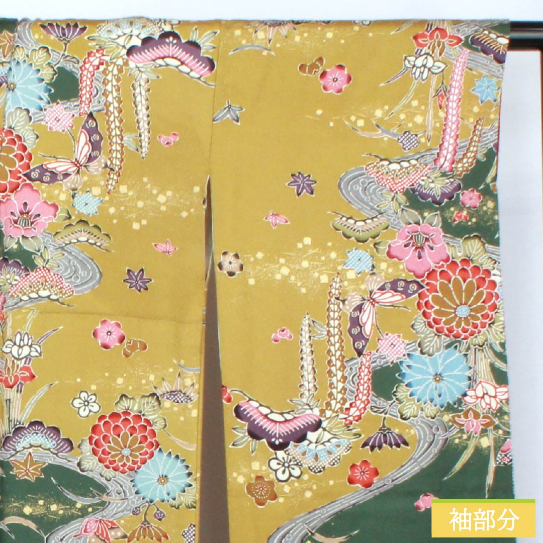Furisode (long-sleeved kimono) made of pure silk, grade A, length 168cm, sleeve length 68cm, lined, rapeseed oil color (natane-aburairo), Kyoto Yuzen sash pattern, Keicho pattern, yellowish pongee fabric, product number 1113002523523