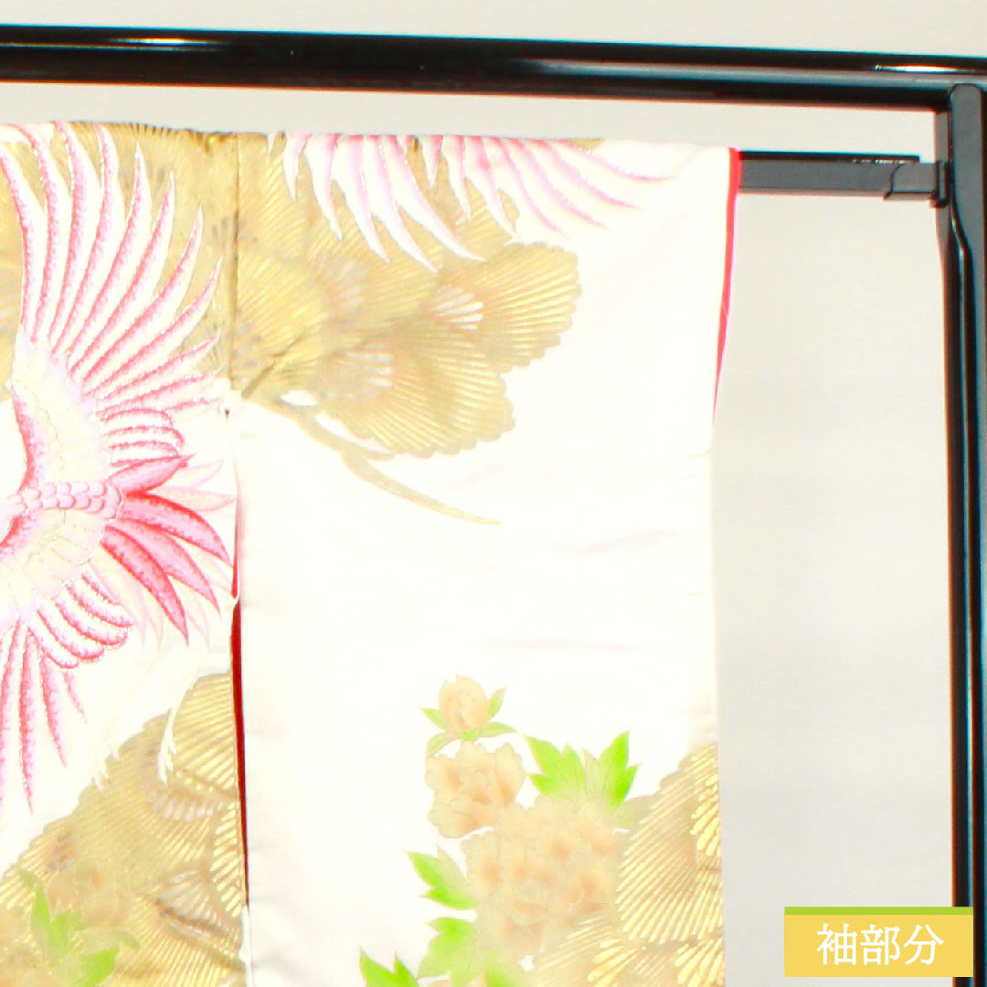 Colored uchikake, pure silk, length 191cm, sleeve length 65cm, Karaori, gold leaf finish, crane, B rank, lined, white, 1110000664911