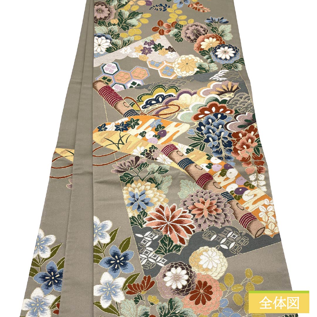 Pure silk obi in a charcoal gray color, by Hakuryoen Oba, featuring a flute and shippo details. Suitable for furisode kimono. Length: 436cm. S-rank. Six-fold obi. Formal wear. Gray. Product number: 1123014372322